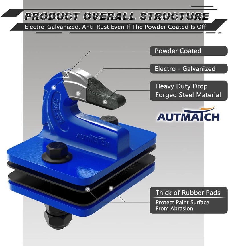 AUTMATCH خطاف دلو الجرار 3/8" (عبوة 2) - خطاف جرار مثبت بالبراغي مع لوحة دعم ووسادات مطاطية، فولاذ مطروق من الدرجة 70 بحد أقصى 18,000 رطل للعمل مع اللودر، دلو الجرار، الشاحنة، أزرق - Image 3